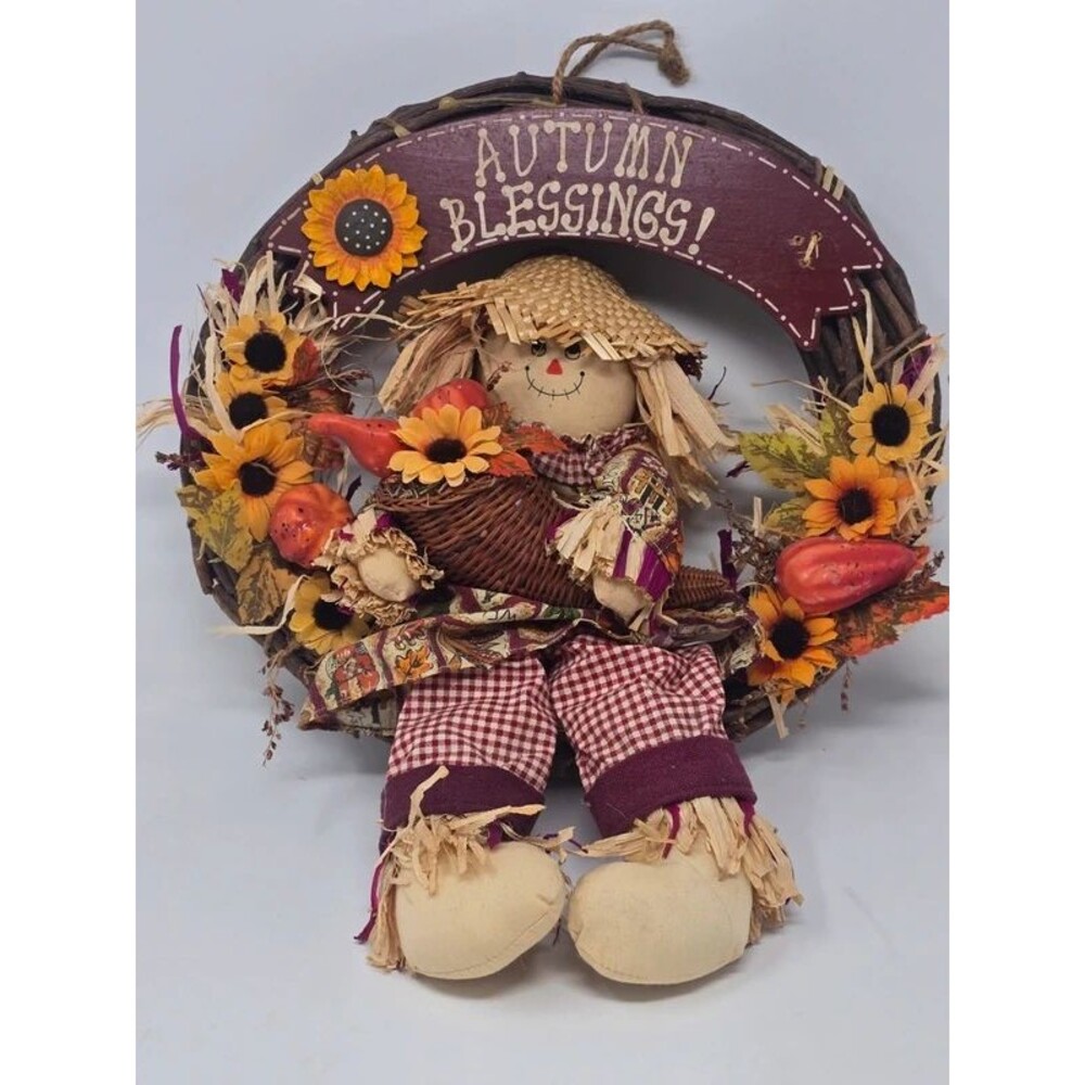 Rustic Autumn Blessings Scarecrow Wreath – Fall Door & Wall Decor